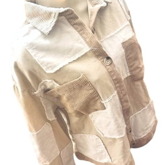Polagram Beige-White Patchwork Button-Up Corduroy-Cotton Sachet Oversized  S - Picture 3 of 8